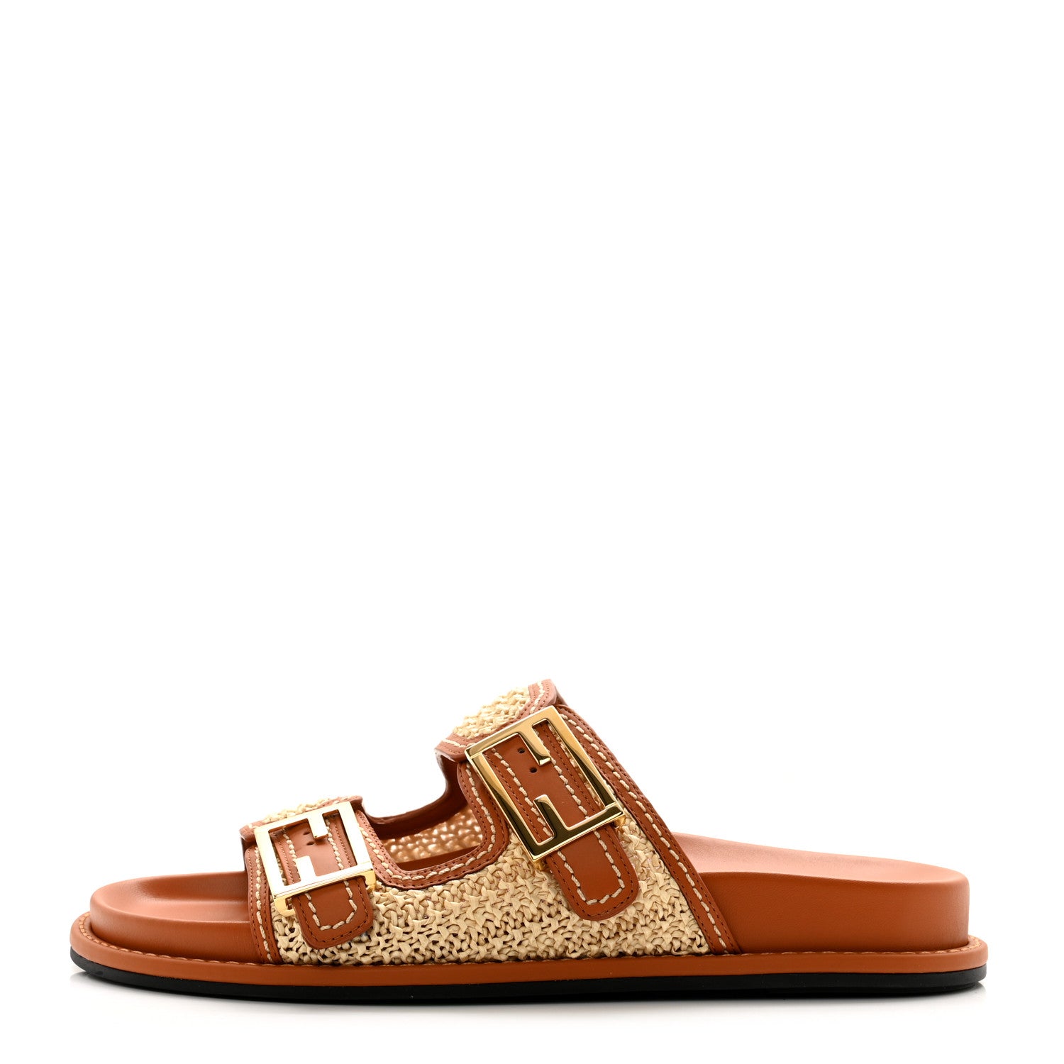 Fendi Raffia Vitello Womens Fendi Feel Buckled Slide Sandals 39 Paglia Brandy 1 of 8