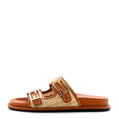 Fendi Raffia Vitello Womens Fendi Feel Buckled Slide Sandals 39 Paglia Brandy 1 of 8