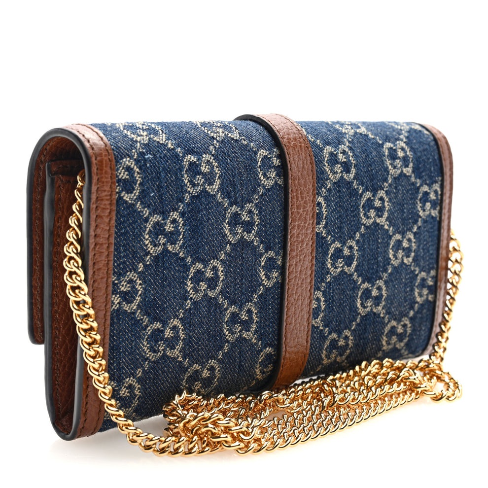 Gucci New Denim GG Monogram Jackie 1961 Chain Wallet Blue Tea Cuir ...