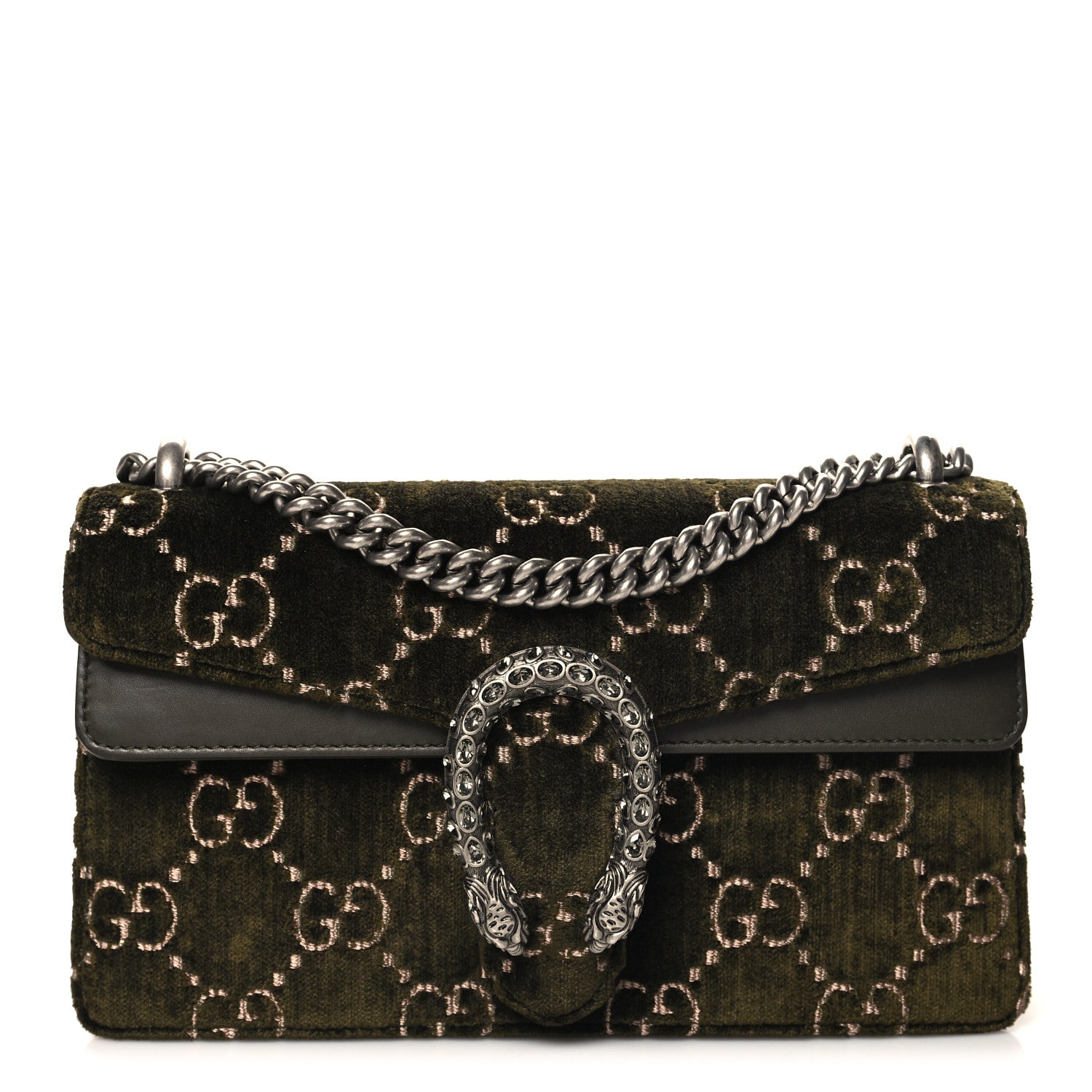 Gucci Velvet Moon Calfskin Crystal GG Monogram Small Dionysus Shoulder Bag Dark Olive Rose Gold 1 of 10