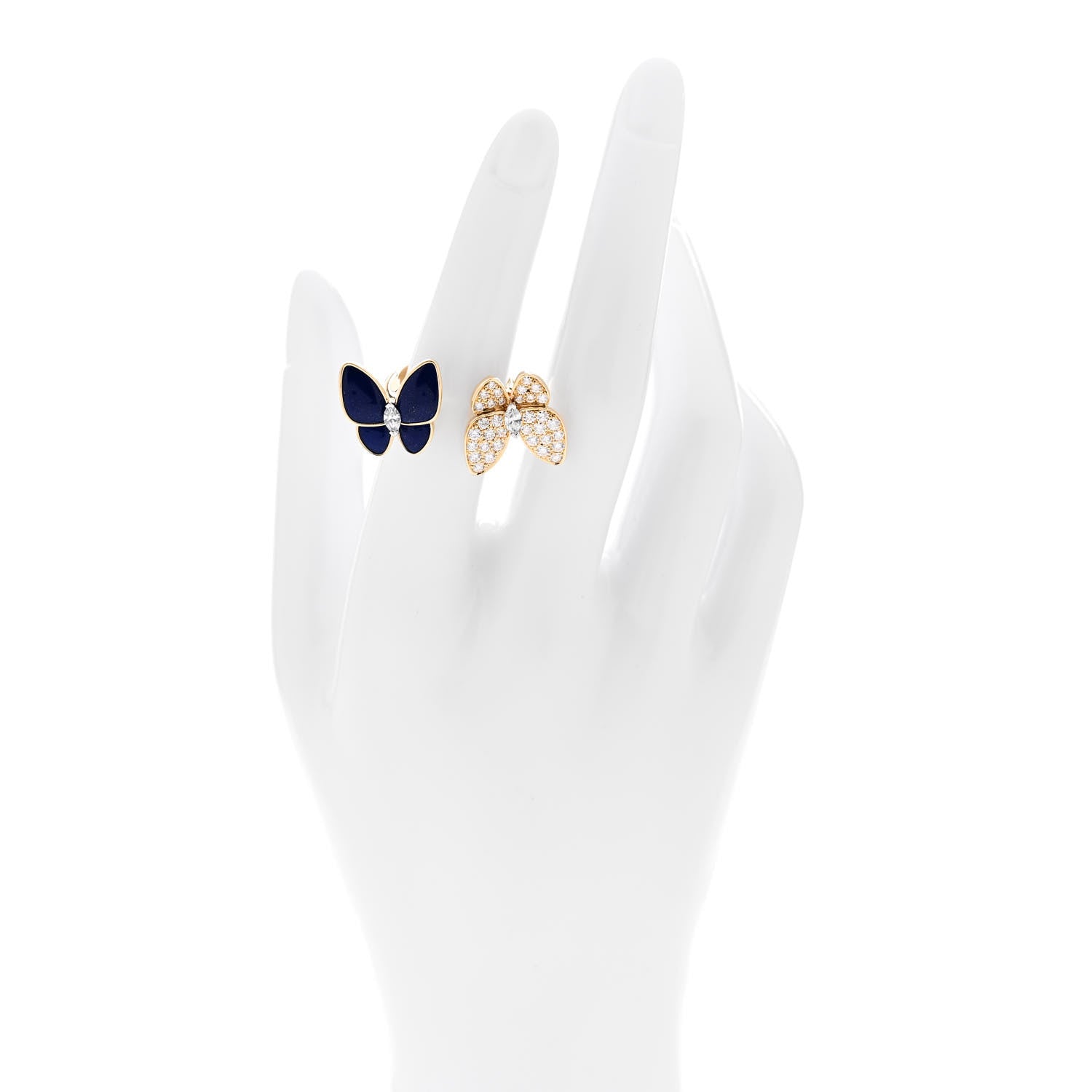 Van Cleef & Arpels 18K Yellow Gold Diamond Lapis Lazuli Two Butterfly Between The Finger Ring 52 6 2 of 6