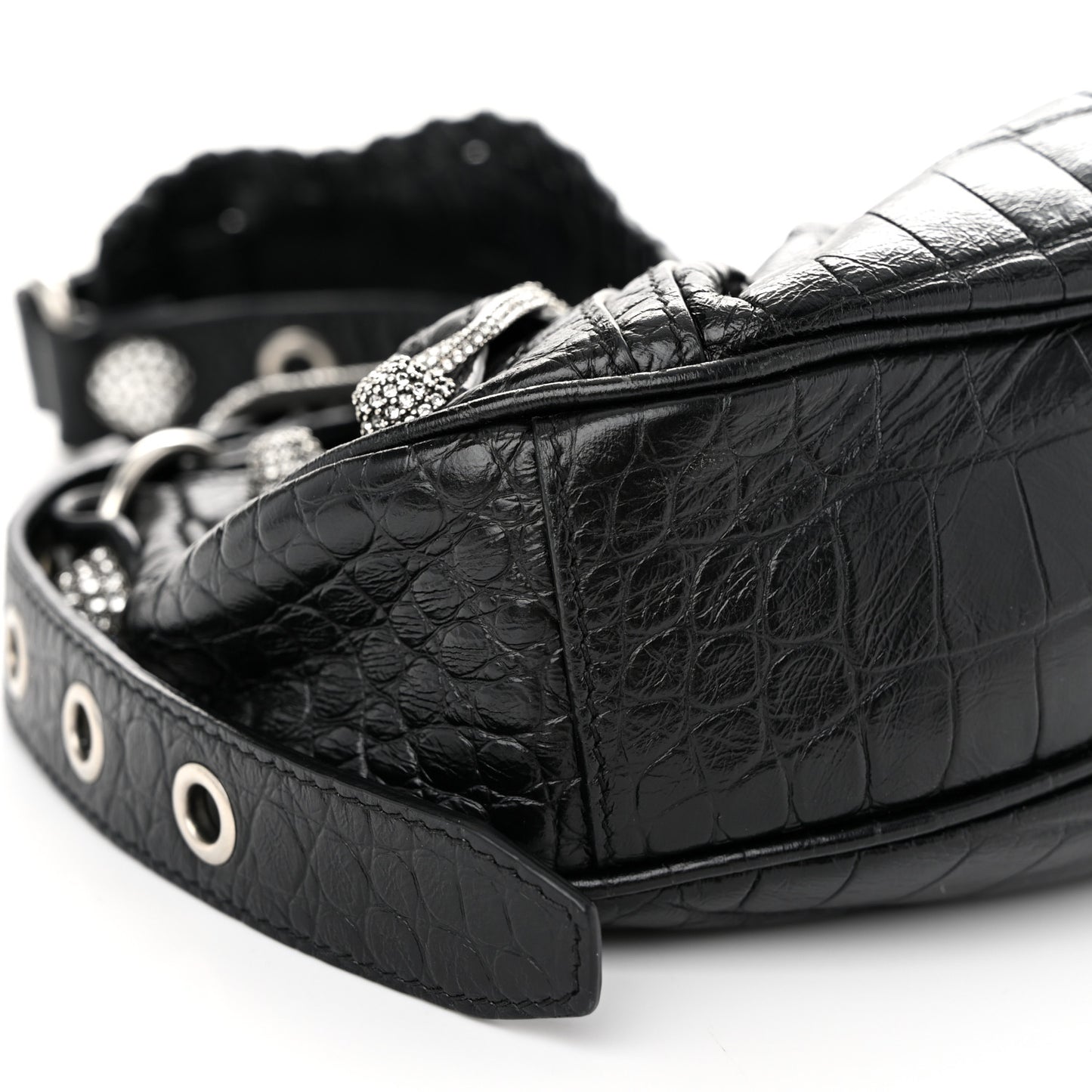 Extra Supple Calfskin Crystal Crocodile Embossed Le Cagole Shoulder Bag XS Black