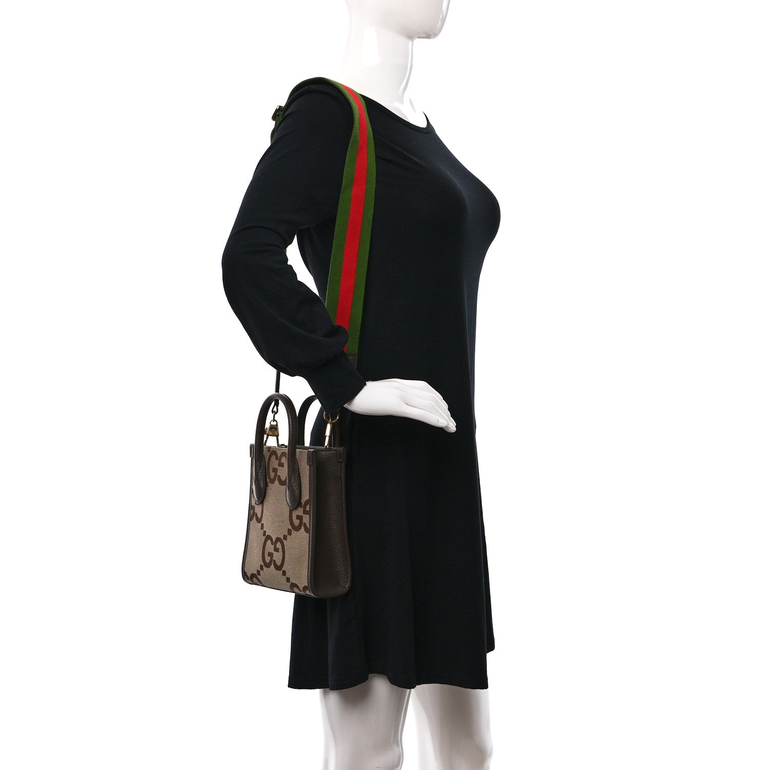 Gucci Monogram Jumbo GG Textured Dollar Calfskin Web Mini Vertical Tote Camel Ebony New Acero 2 of 8