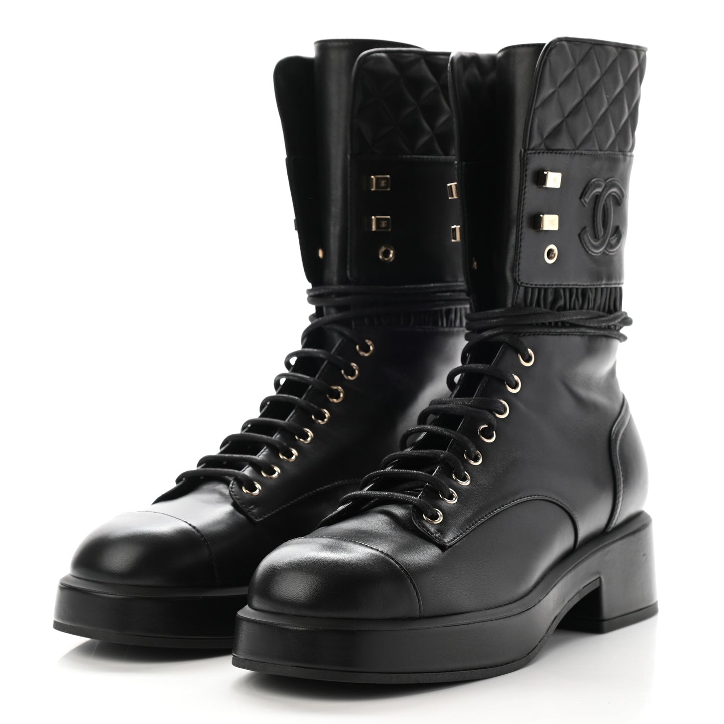 Lambskin Quilted Lace Up Combat Boots 41 Black