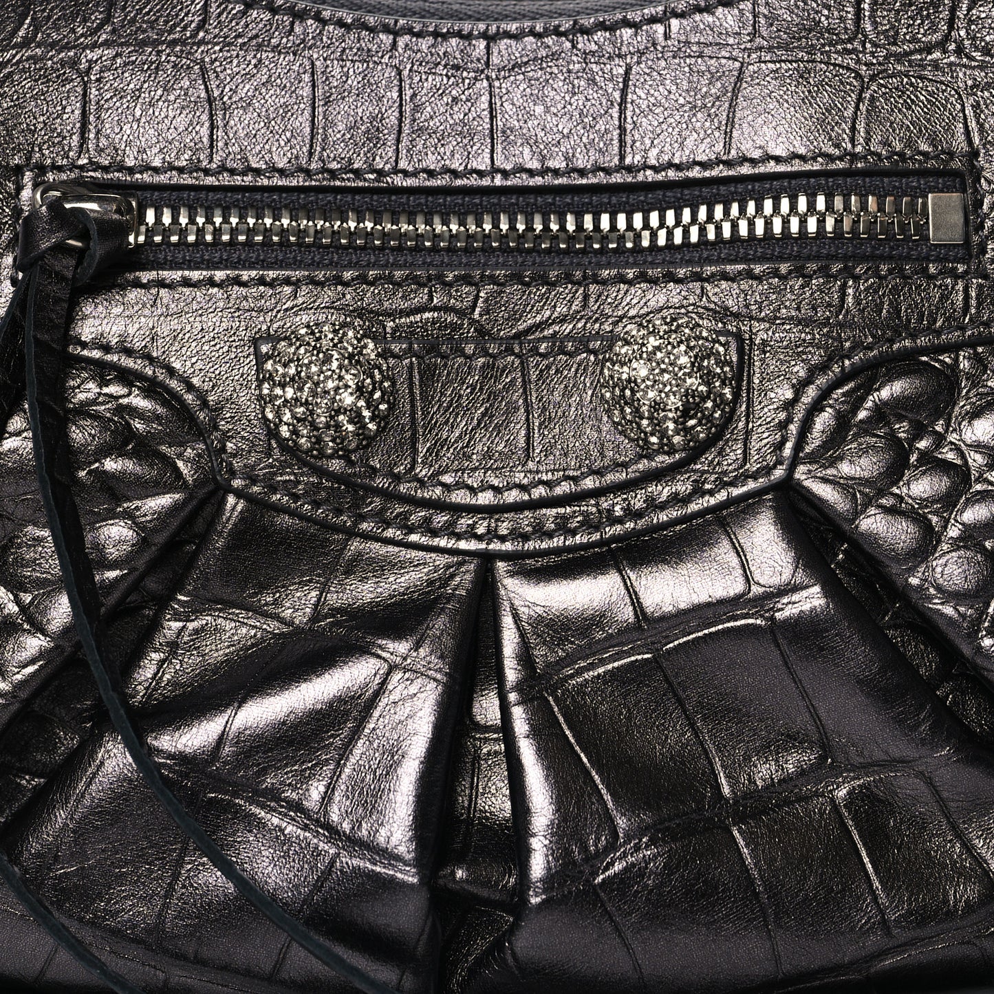 Metallic Calfskin Crocodile Embossed Crystal Small Le Cagole Shoulder Bag Gunmetal