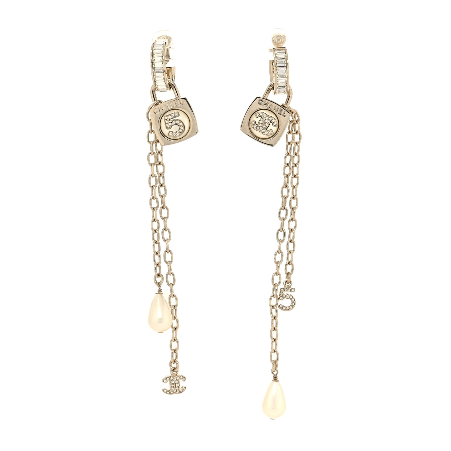 Pearl Crystal No 5 CC Clip On Pendant Drop Earrings Gold Pearly White