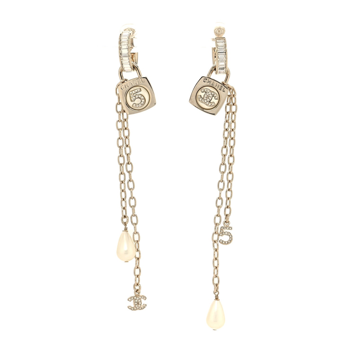 Chanel Pearl Crystal No 5 CC Clip On Pendant Drop Earrings Gold Pearly White 1 of 4