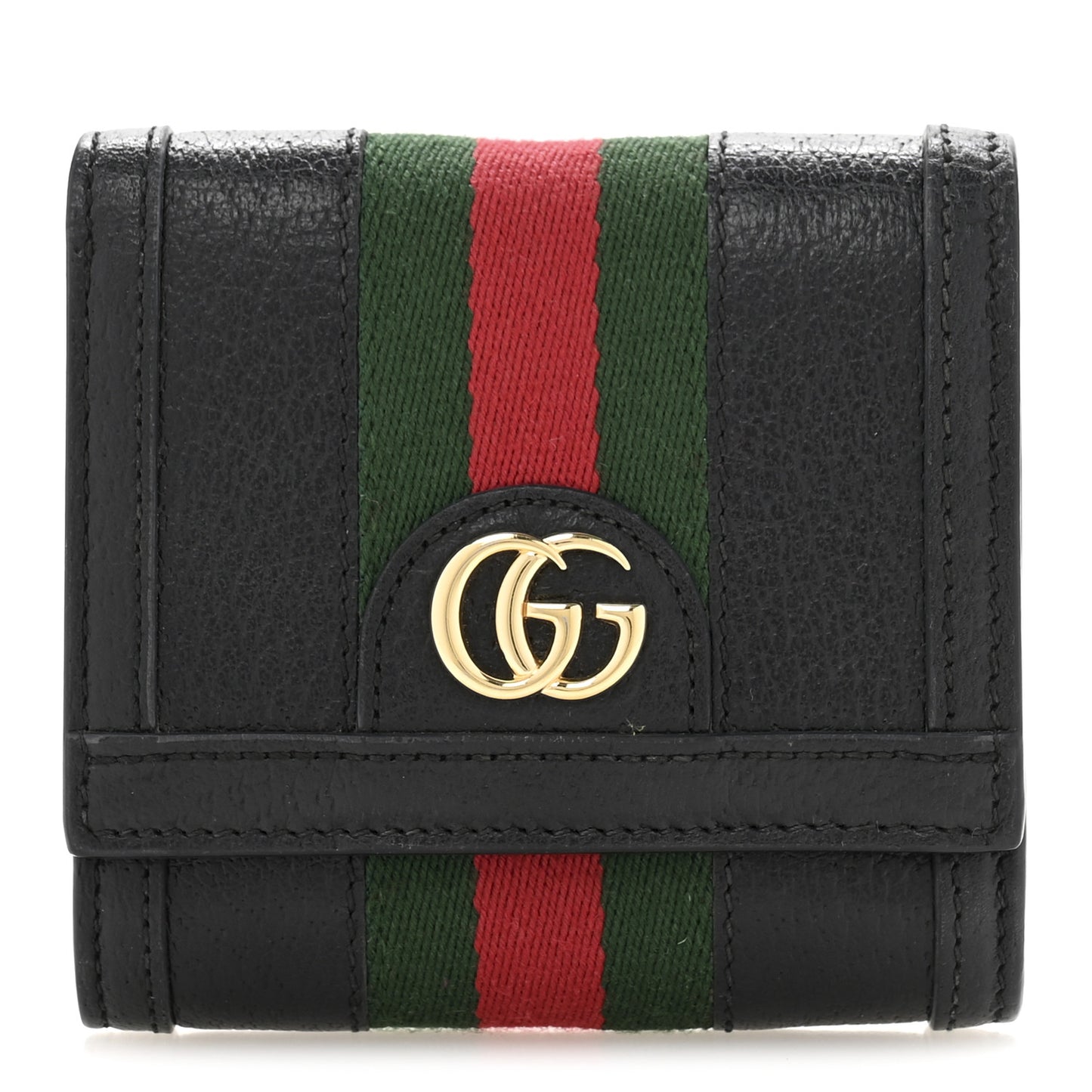 Textured Dollar Calfskin Web Ophidia Card Case Wallet Black