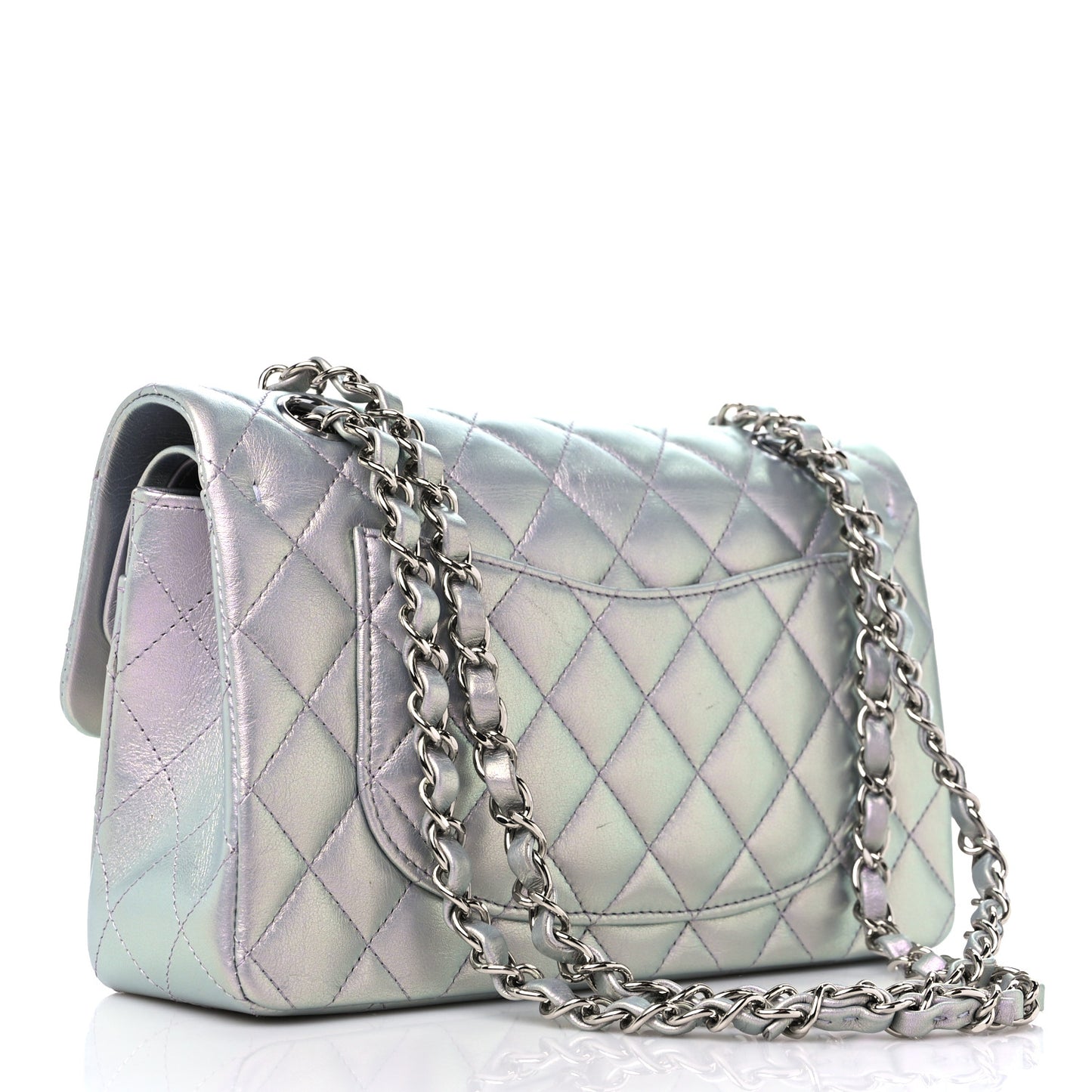 Iridescent Calfskin Quilted Small Double Flap Light Purple