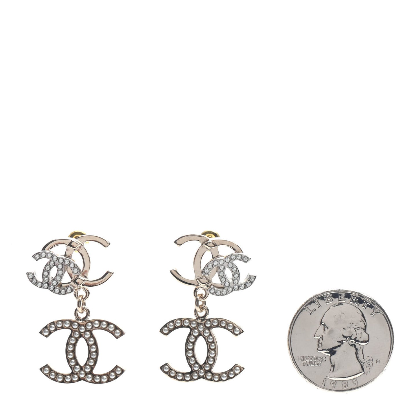 Crystal Pearl Double CC Drop Earrings Gold Silver