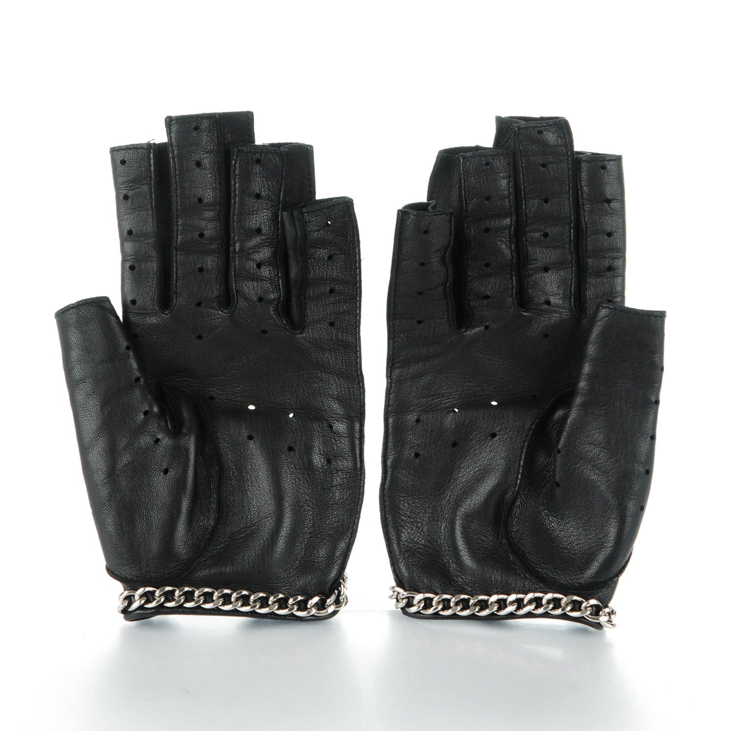 Chanel Lambskin Perforated Fingerless Chain CC Gloves 7.5 Black 3 of 10