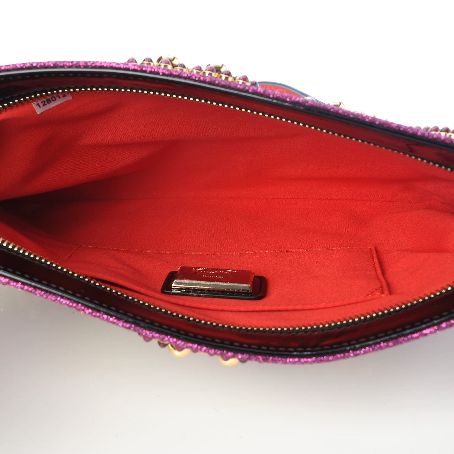 Metallic Raffia Studded Loubiposh Chain Clutch Magenta