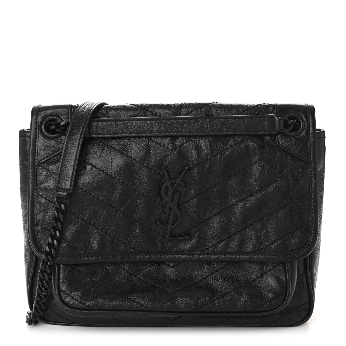 Crinkled Calfskin Matelasse Monogram Medium Niki Chain Satchel Black