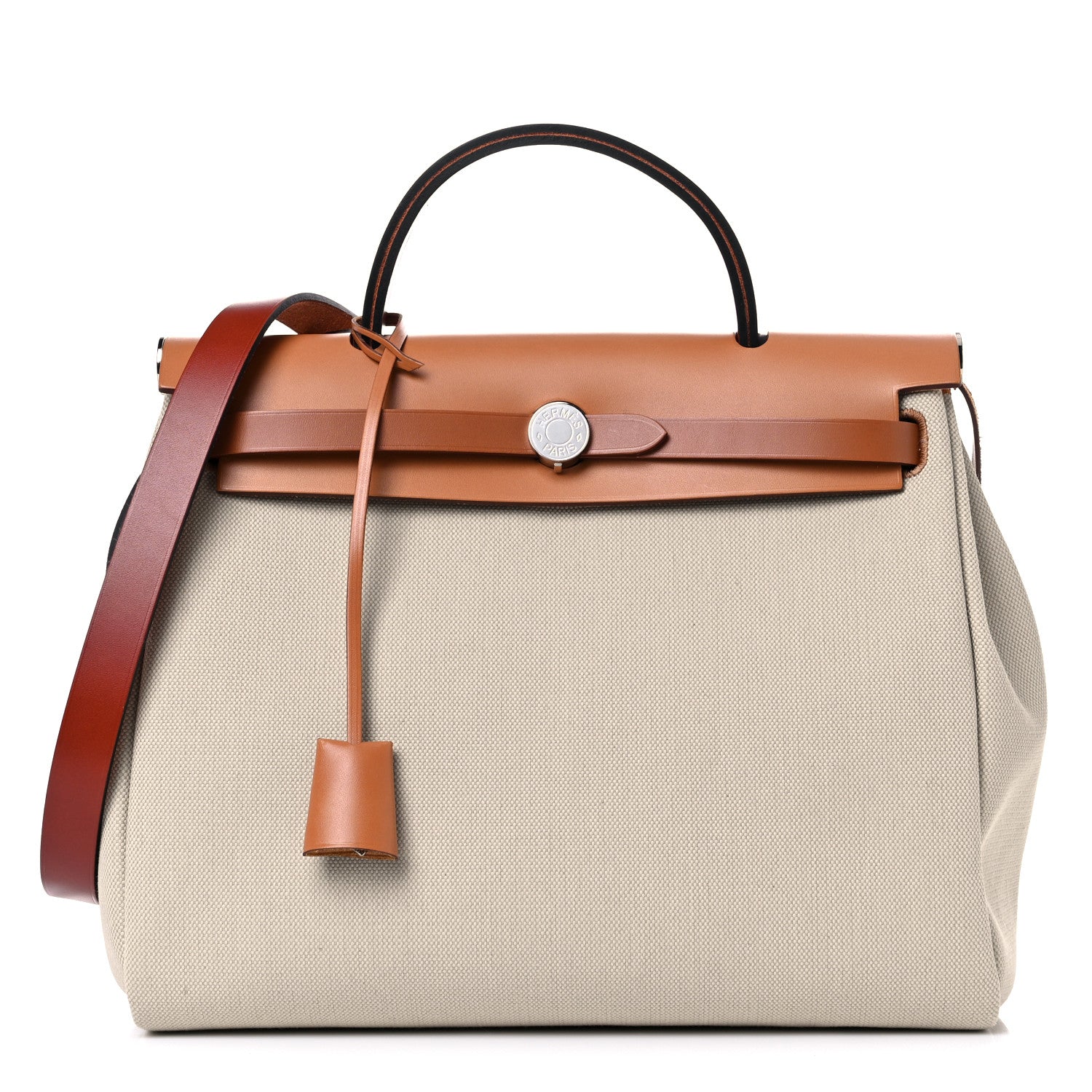 Hermes Military Toile Vache Hunter Herbag Zip Retourne 31 PM Beton Naturel Fauve Cuivre 2 of 10
