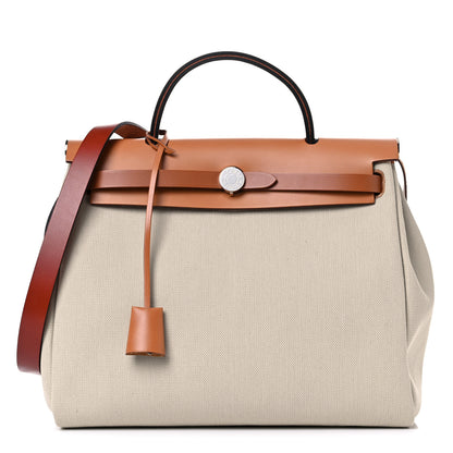 Hermes Military Toile Vache Hunter Herbag Zip Retourne 31 PM Beton Naturel Fauve Cuivre 2 of 10