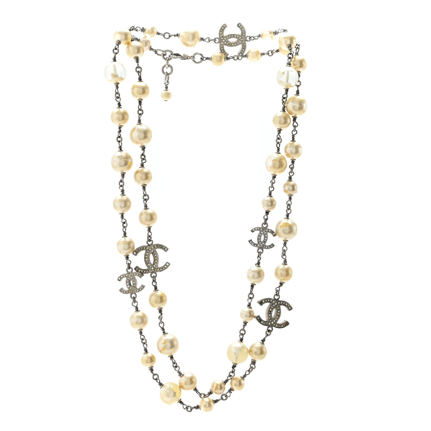 Chanel Crystal Pearl CC Long Necklace Silver 3 of 5