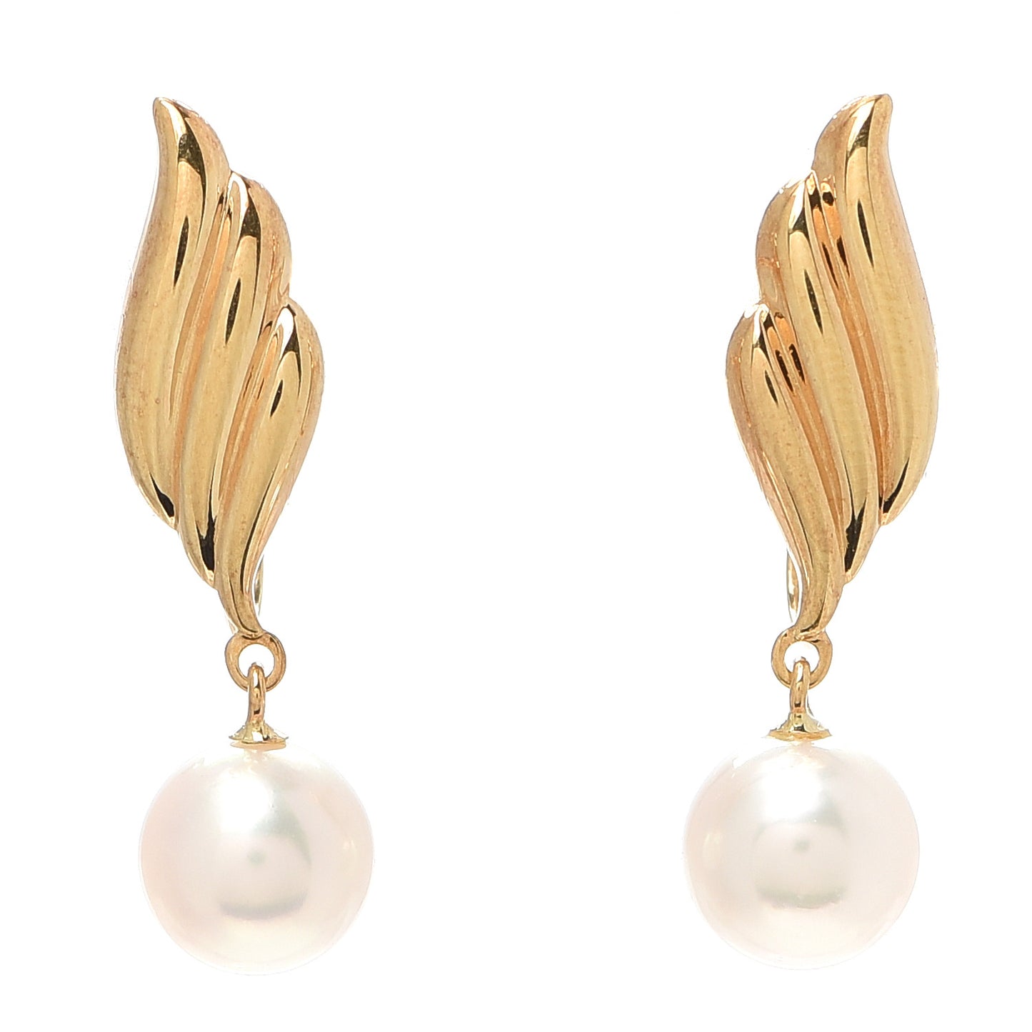 18K Yellow Gold Akoya Pearl 7-7.5mm Leaf Drop Screw-Back Earrings
