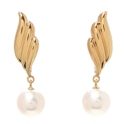 Mikimoto 18K Yellow Gold Akoya Pearl 7-7.5mm Leaf Drop Screw-Back Earrings 1 of 4