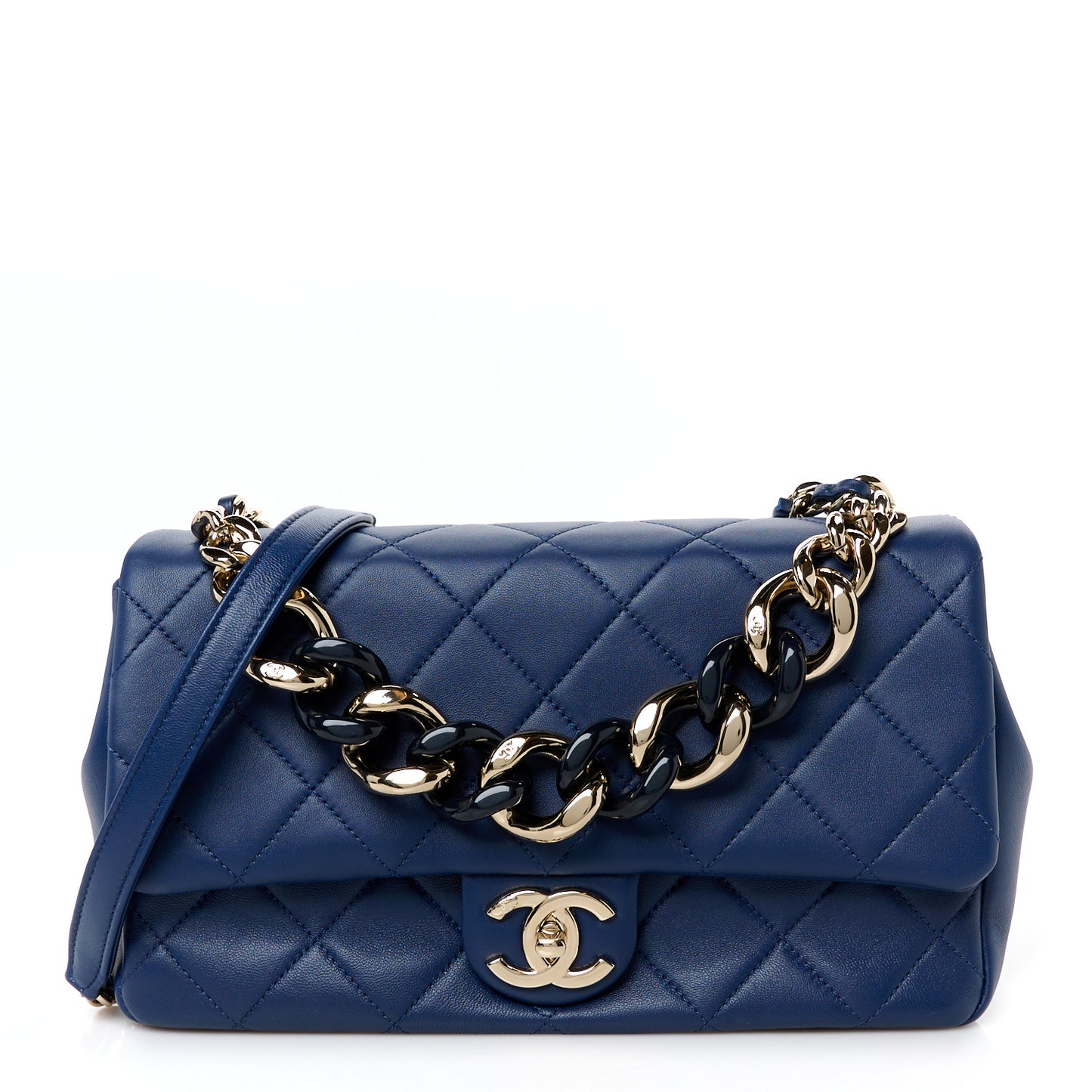 Lambskin Quilted Resin Bi-Color Chain Flap Bag Navy