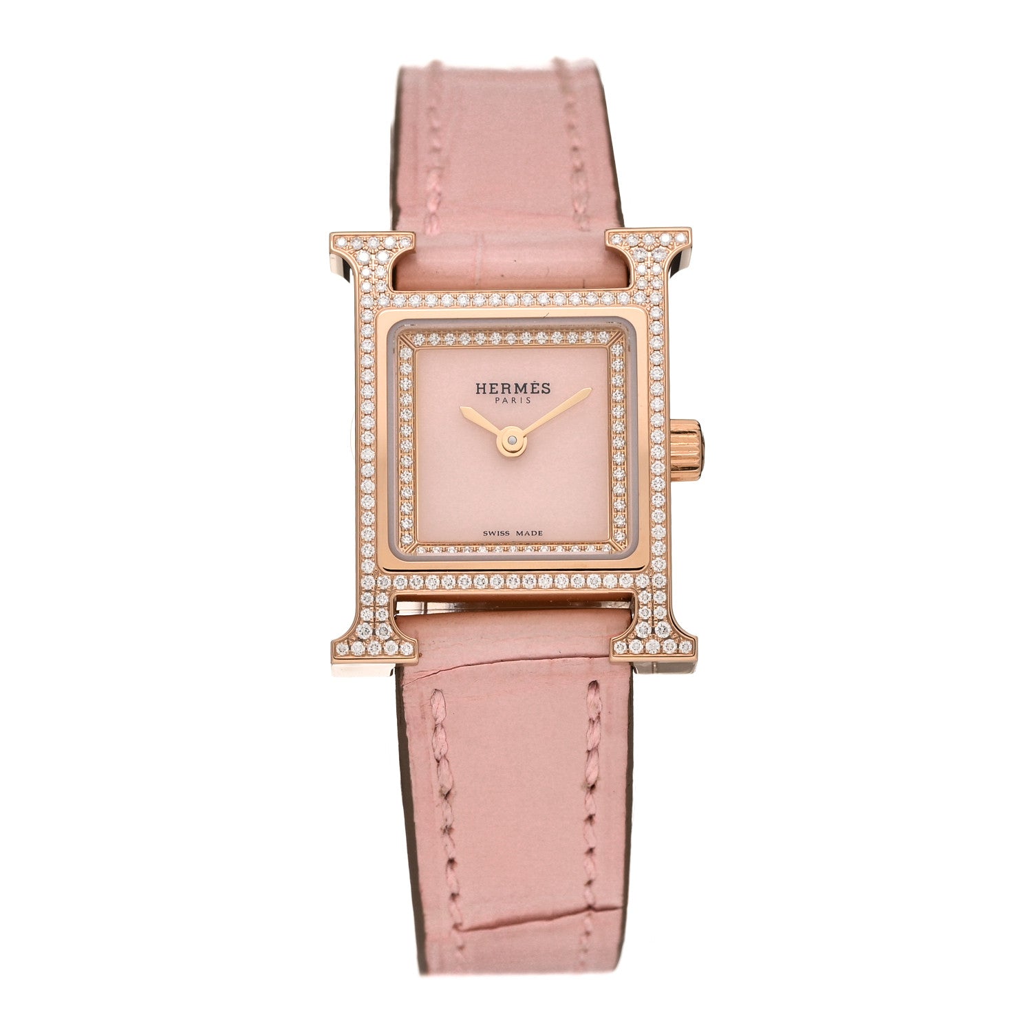 Hermes 18K Rose Gold Alligator Diamond Bezel Rose Opal 17.2mm Heure H Hour Quartz Watch Rose Pale 1 of 5