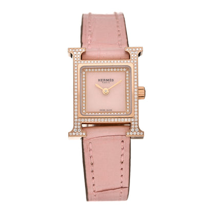 Hermes 18K Rose Gold Alligator Diamond Bezel Rose Opal 17.2mm Heure H Hour Quartz Watch Rose Pale 1 of 5