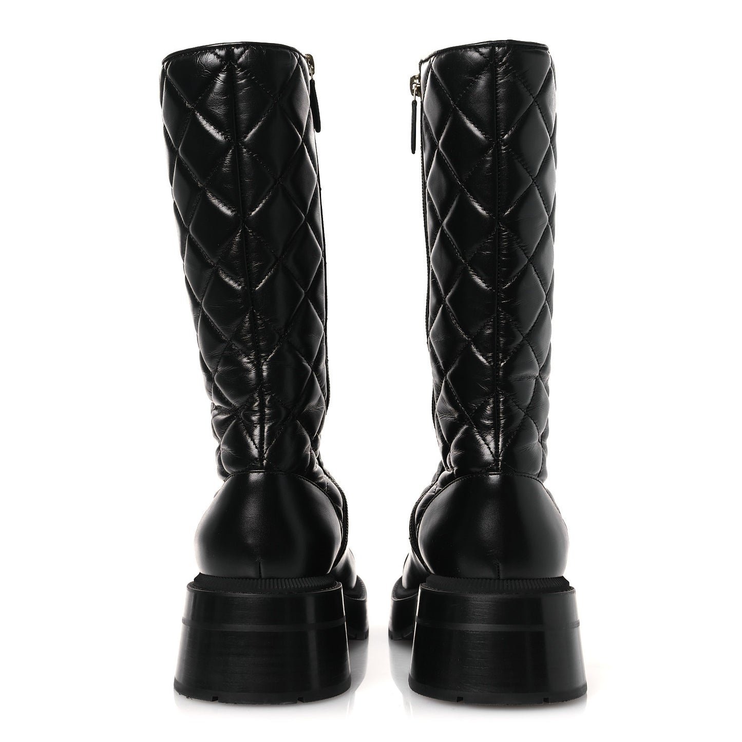 Calfskin Quilted Logo Lace Up Tall Combat Boots 39 Black