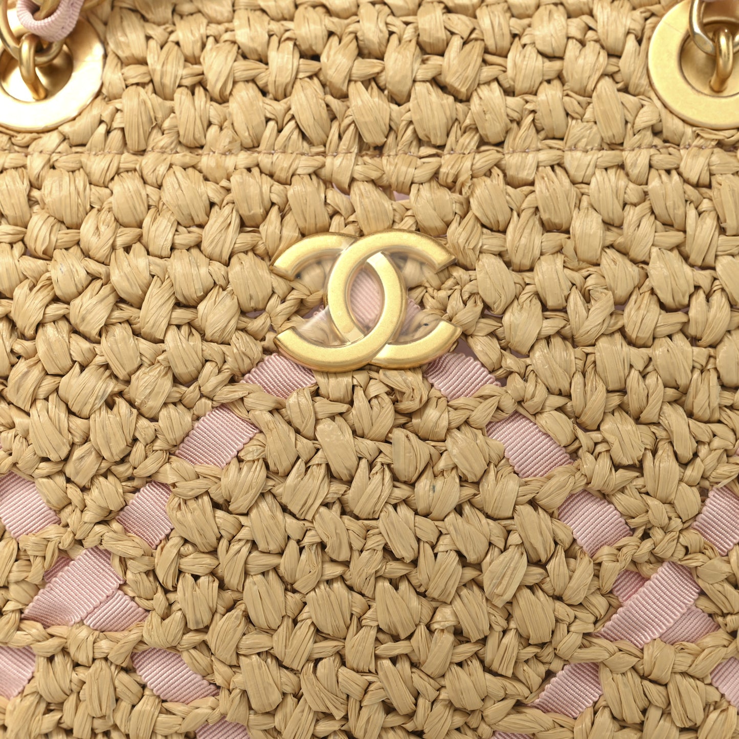 Raffia Braided Grosgrain Ribbon Small Shopping Bag Beige Light Pink