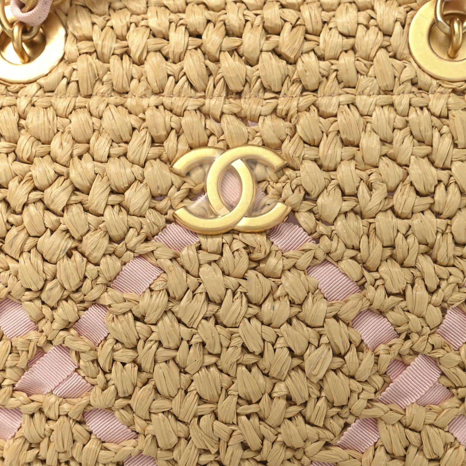 Chanel Raffia Braided Grosgrain Ribbon Small Shopping Bag Beige Light Pink 8 of 10