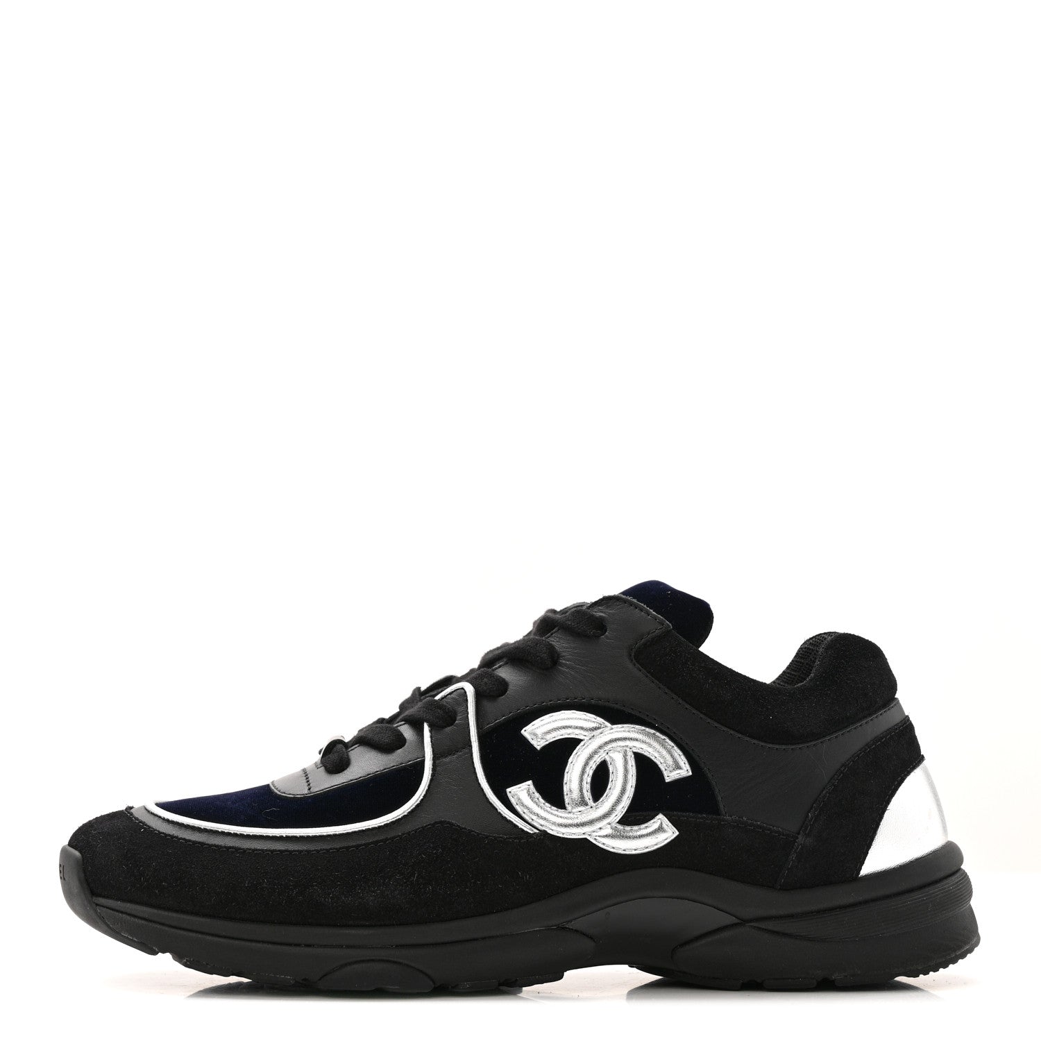 Chanel Suede Velvet Lambskin Mens CC Sneakers 44 Black Blue Silver 1 of 11