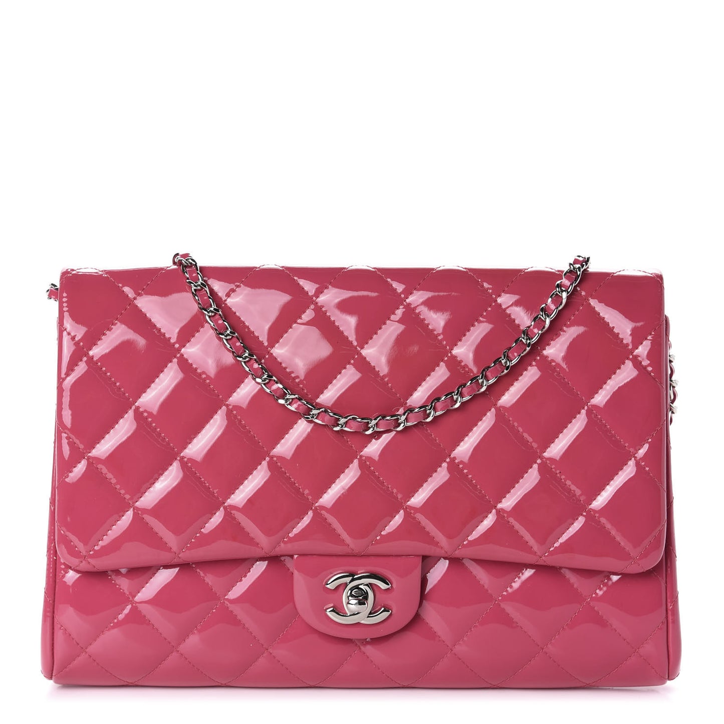 Patent Quilted Clutch With Chain Flap Fuchsia