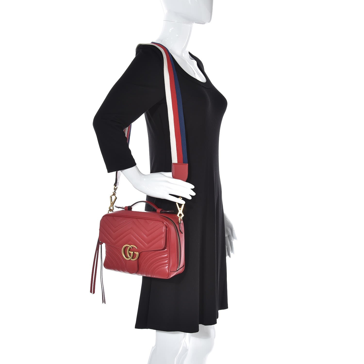 Gucci Calfskin Matelasse Sylvie Web Small GG Marmont Top Handle Shoulder Bag Hibiscus Red 2 of 8