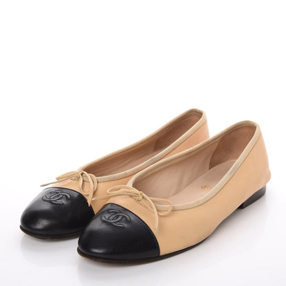 Chanel Lambskin CC Cap Toe Ballerina Flats 38 Beige Black 3 of 18