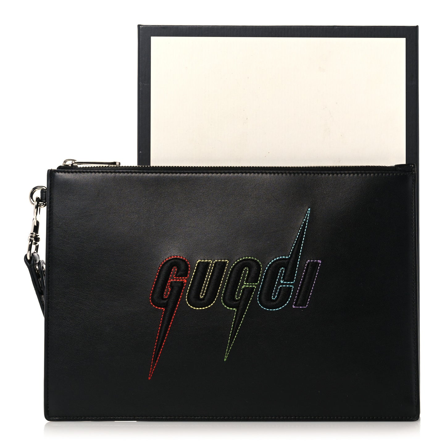 Calfskin Blade Embroidered Zip Pouch Black