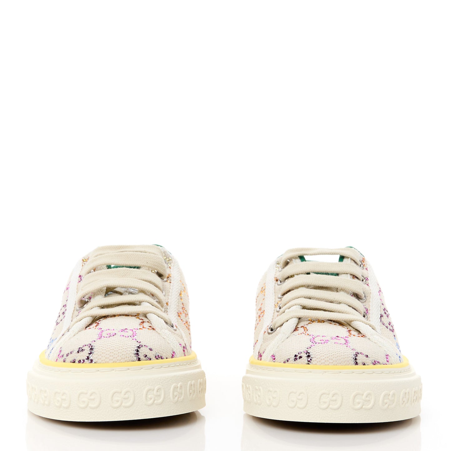 Canvas Lame Crystal GG Monogram Womens 1977 Tennis Sneakers 35.5 Gardenia Silver Mystic White