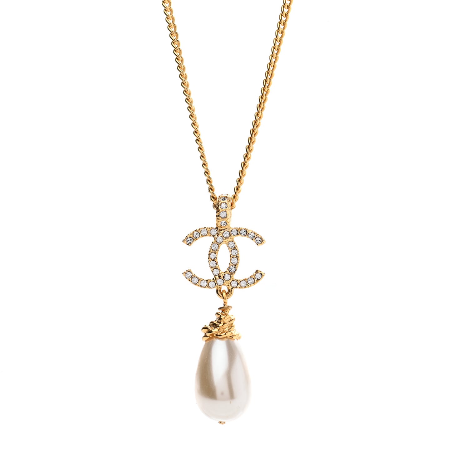 Pearl Crystal Twisted CC Drop Necklace Gold