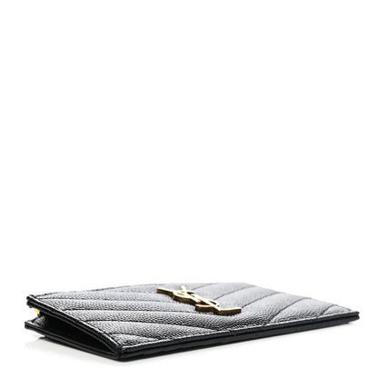 Saint Laurent Grain De Poudre Matelasse Chevron Monogram Fragments Zippered Card Case Black 4 of 8