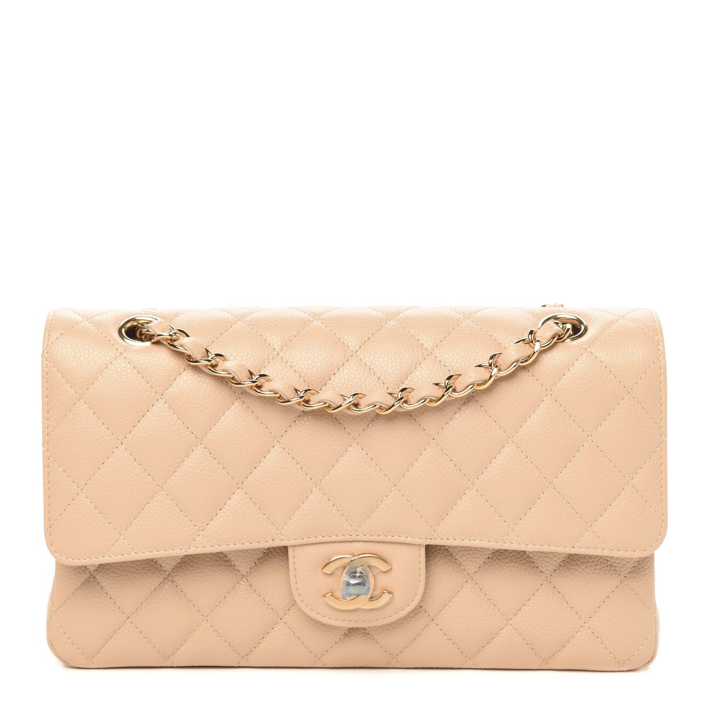 Caviar Quilted Medium Double Flap Beige