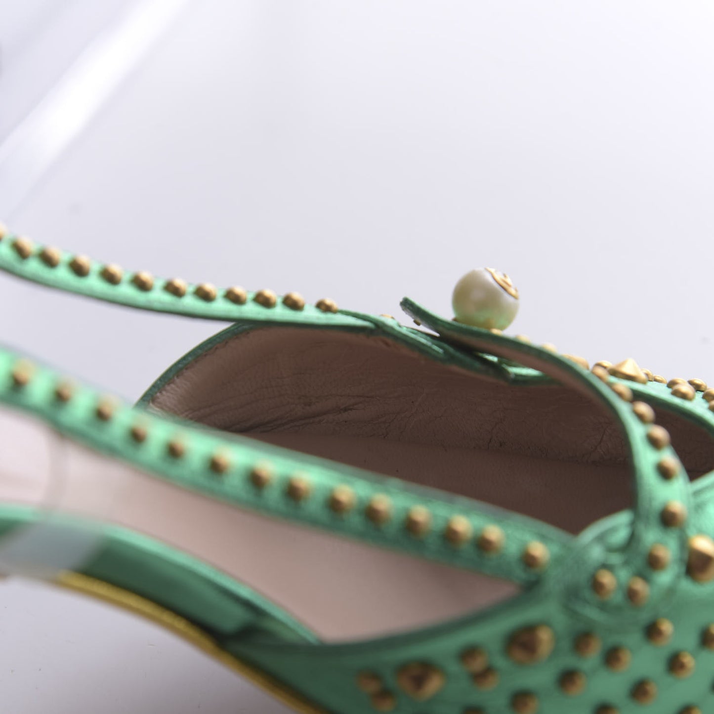 Metallic Calfskin Studded Unia Pointed Toe Low Heel Slingback Pumps 35.5 Green