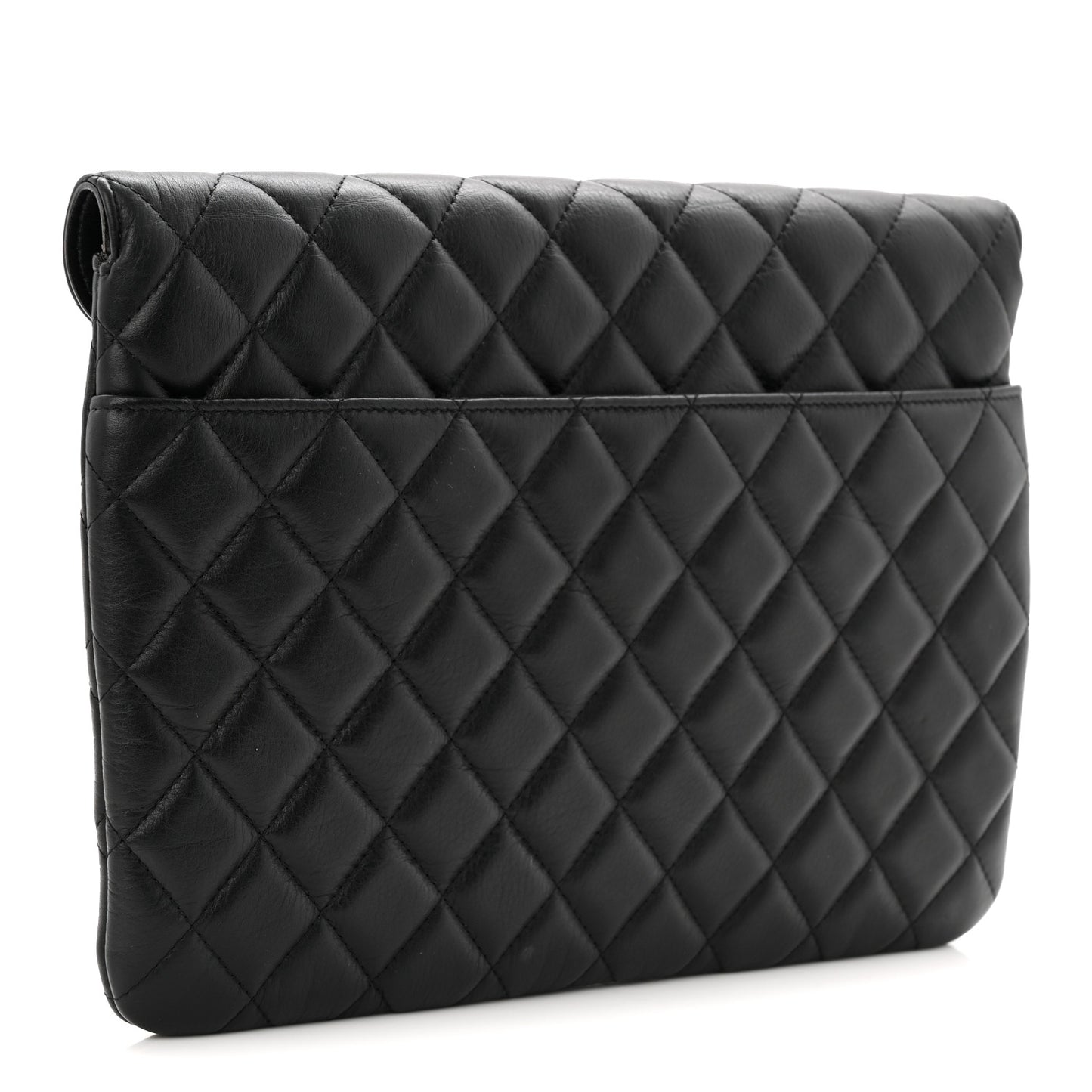 Calfskin Quilted Front Logo Enchained Clutch Black