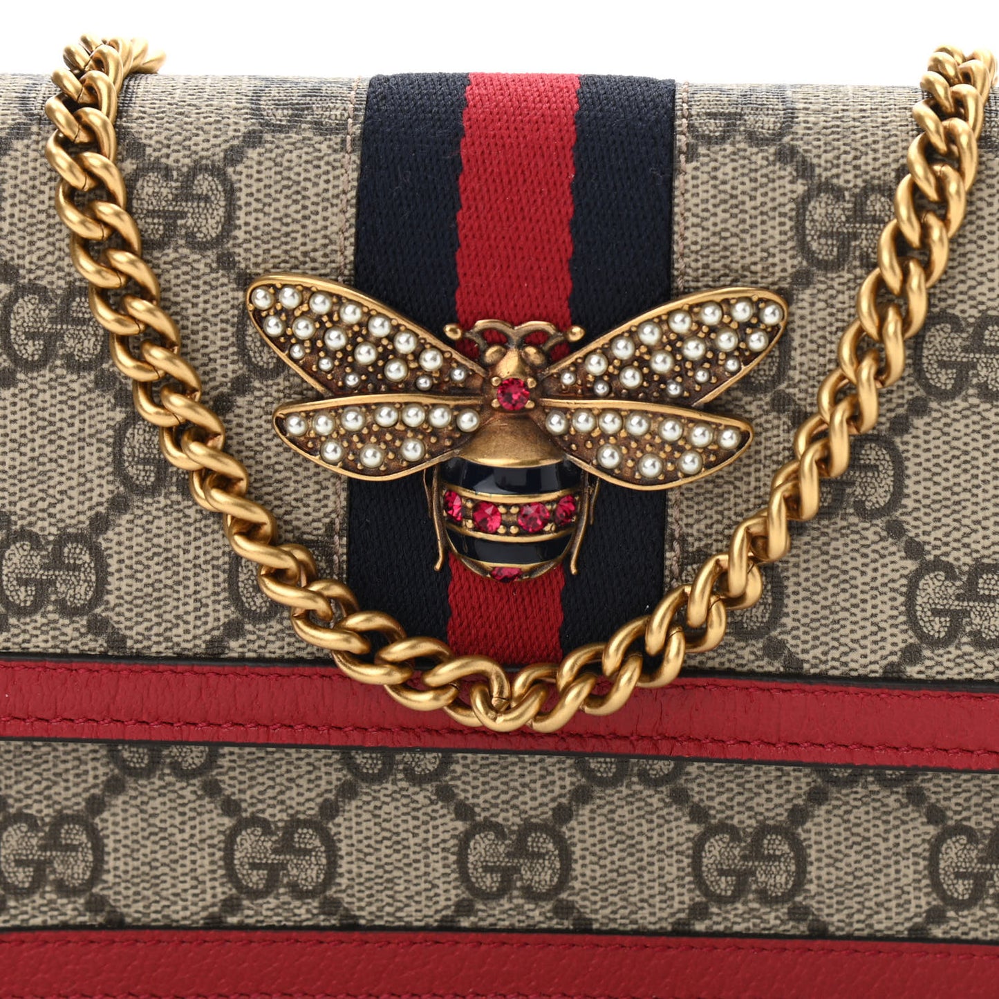 GG Supreme Monogram Web Queen Margaret Chain Wallet Red