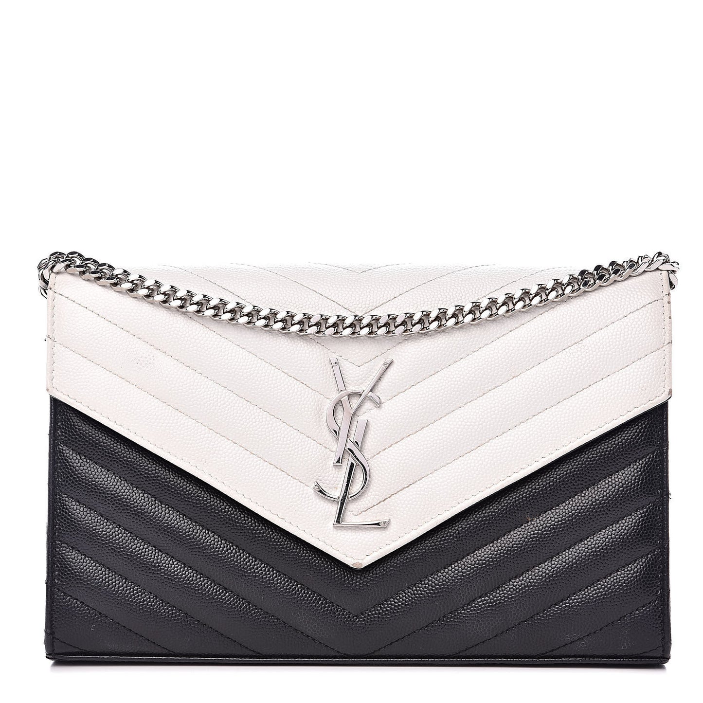 Grain De Poudre Matelasse Chevron Bi-Color Monogram Chain Wallet White Black