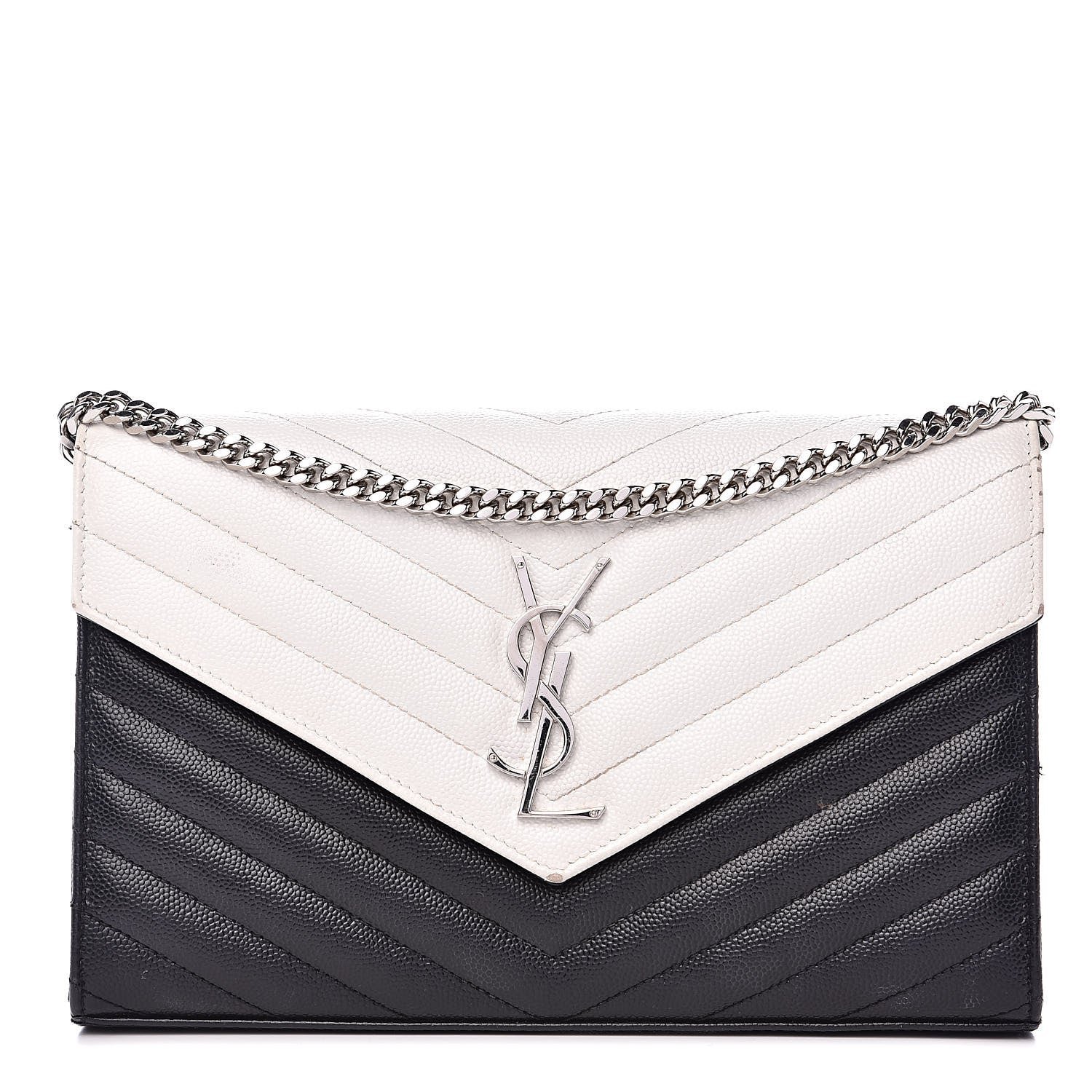 Saint Laurent Grain De Poudre Matelasse Chevron Bi-Color Monogram Chain Wallet White Black 1 of 16