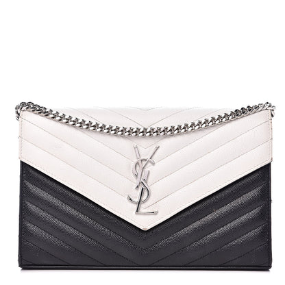 Saint Laurent Grain De Poudre Matelasse Chevron Bi-Color Monogram Chain Wallet White Black 1 of 16
