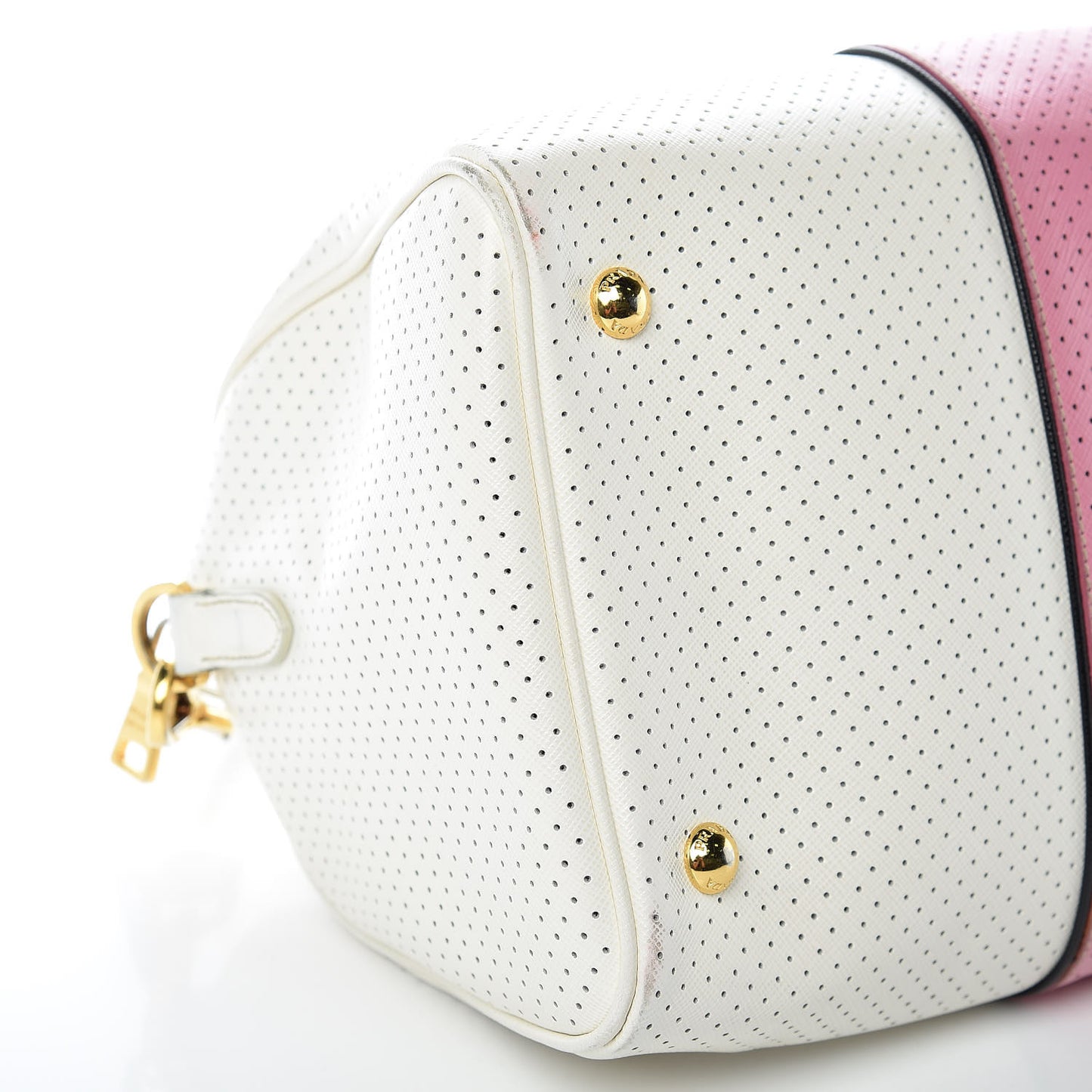 Saffiano Perforated Striped Shoulder Bag White Black