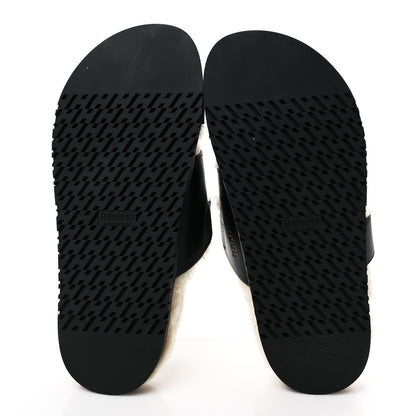Hermes Calfskin Woolskin Womens Chypre Sandals 37 Black Ecru 5 of 8