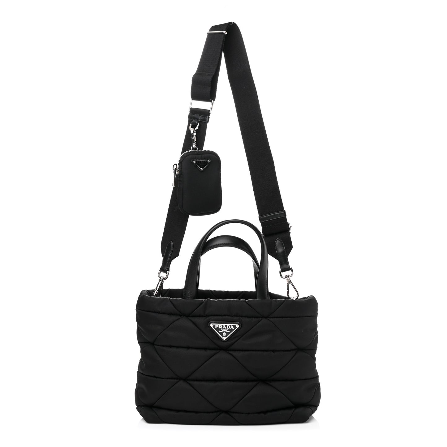 Re-Nylon Nappa Triangle Quilted Padded Double Handled Zip Pocket Tote Black