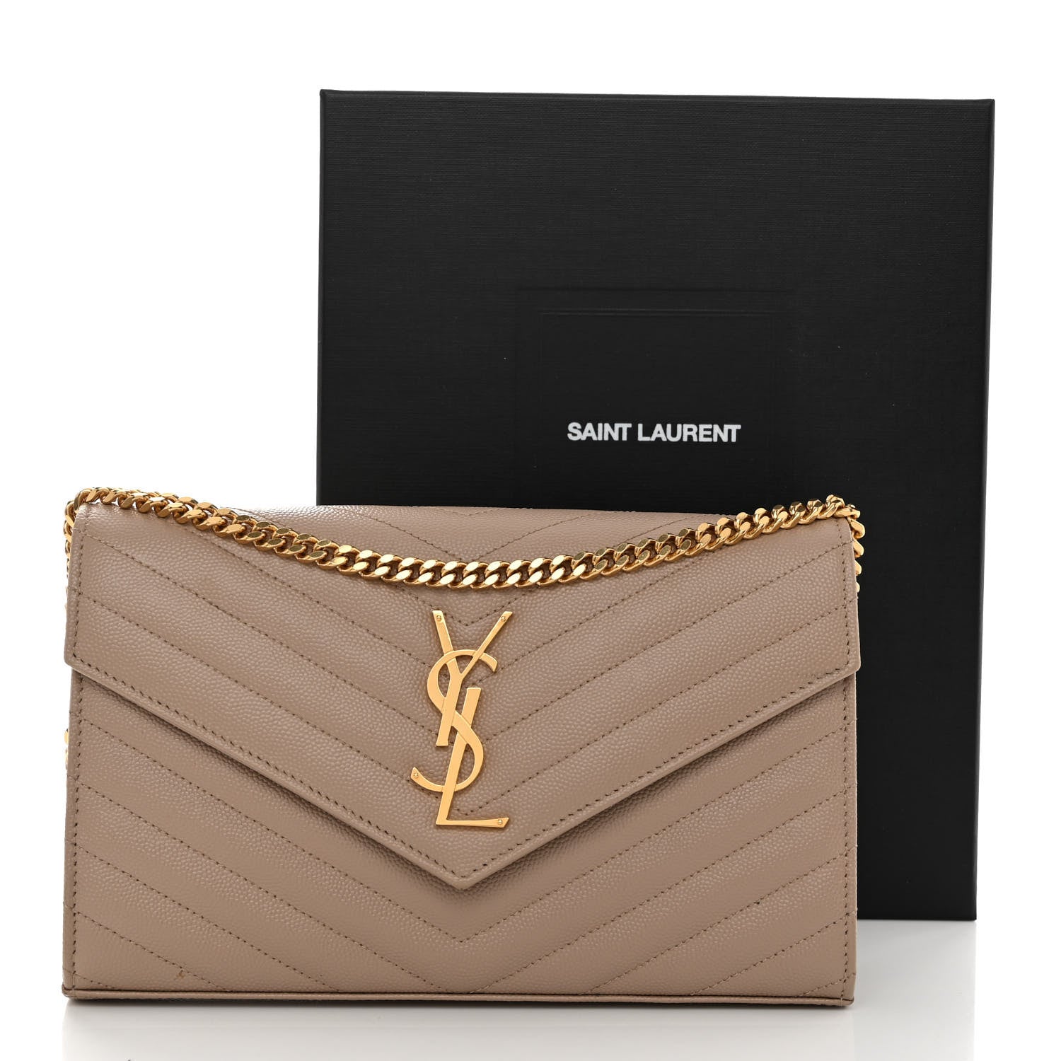 Saint Laurent Grain De Poudre Matelasse Chevron Monogram Chain Wallet Dark Beige 11 of 11