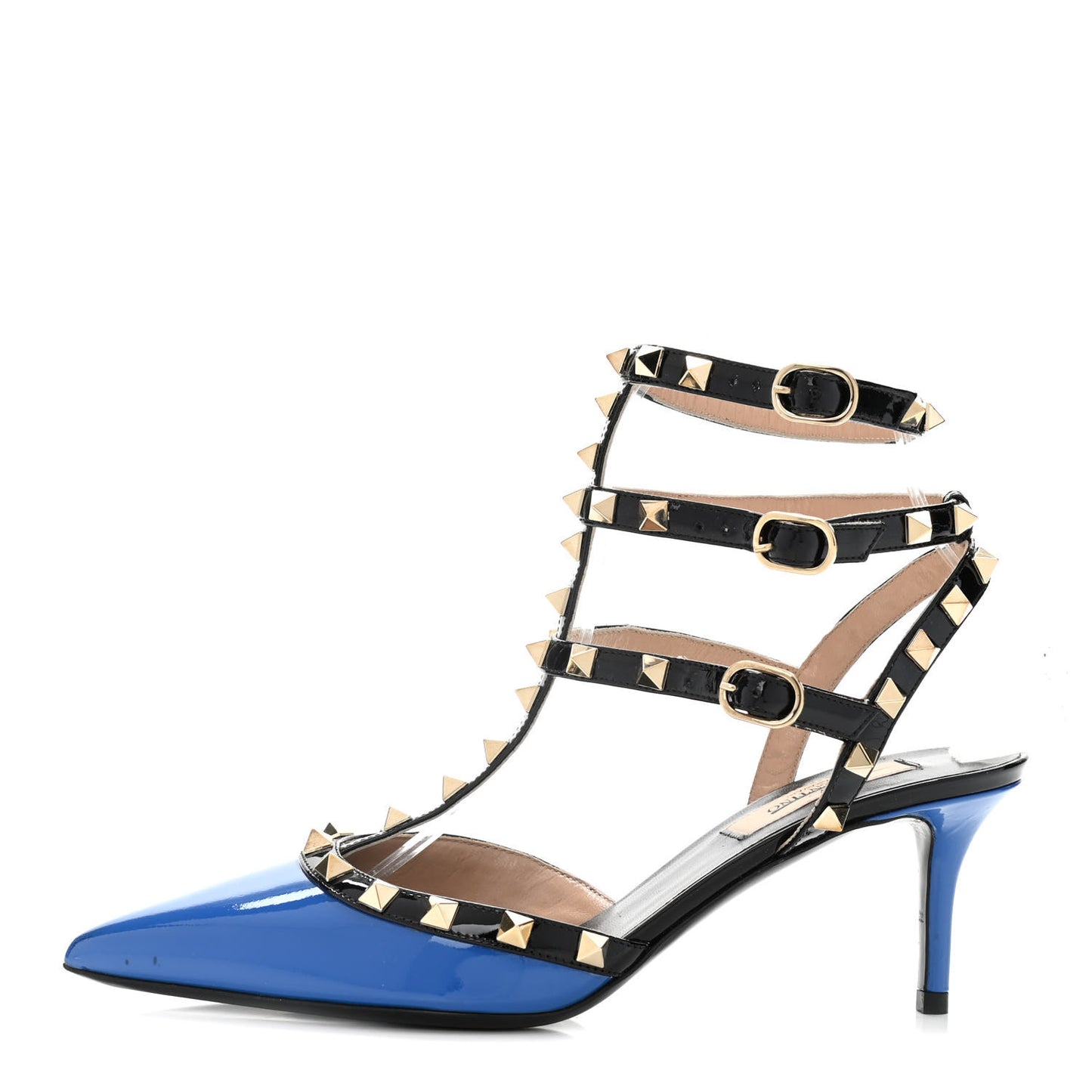 Patent Rockstud Ankle Strap Low Heel Pumps 37.5 Blue Black