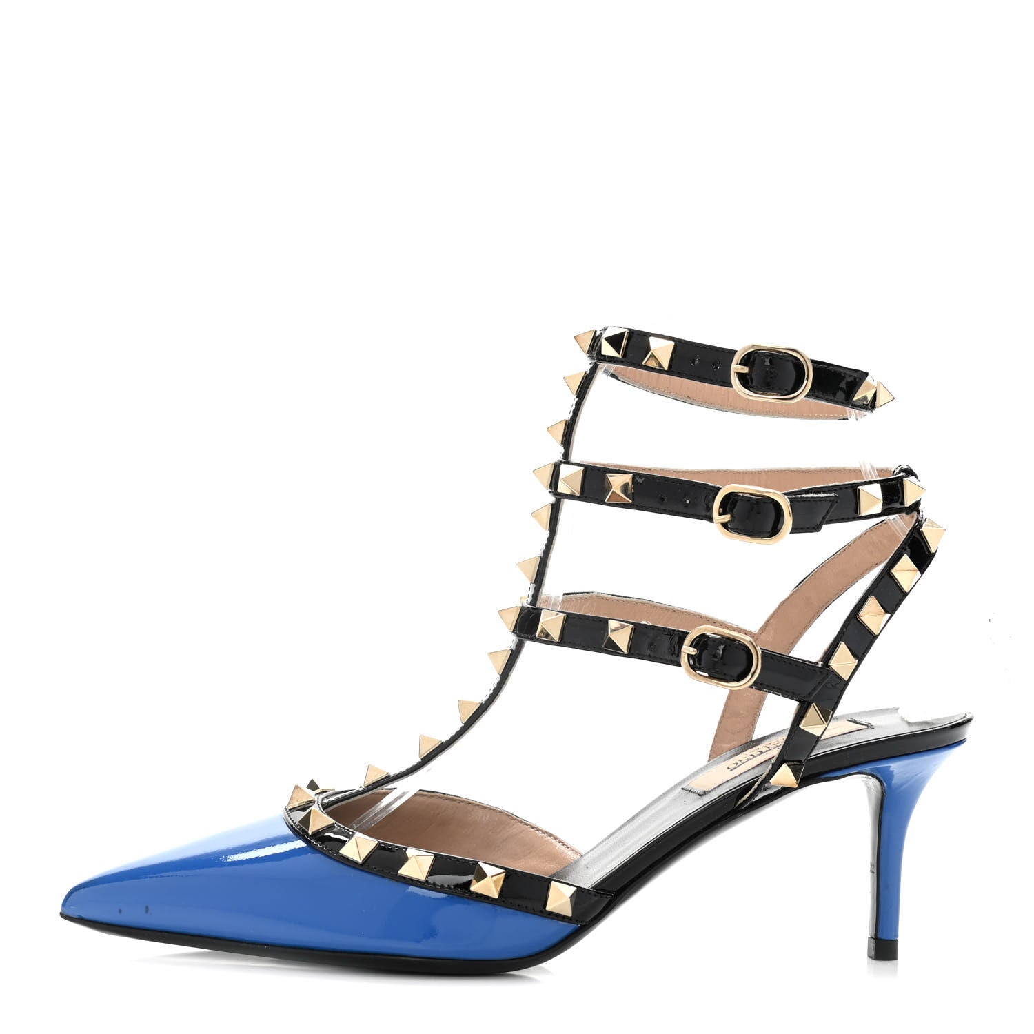 Valentino Garavani Patent Rockstud Ankle Strap Low Heel Pumps 37.5 Blue Black 1 of 10
