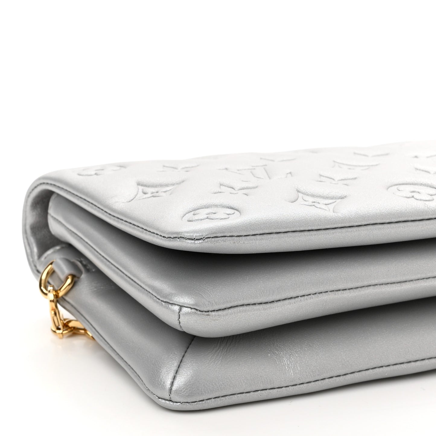 Metallic Lambskin Embossed Monogram Pochette Coussin Silver
